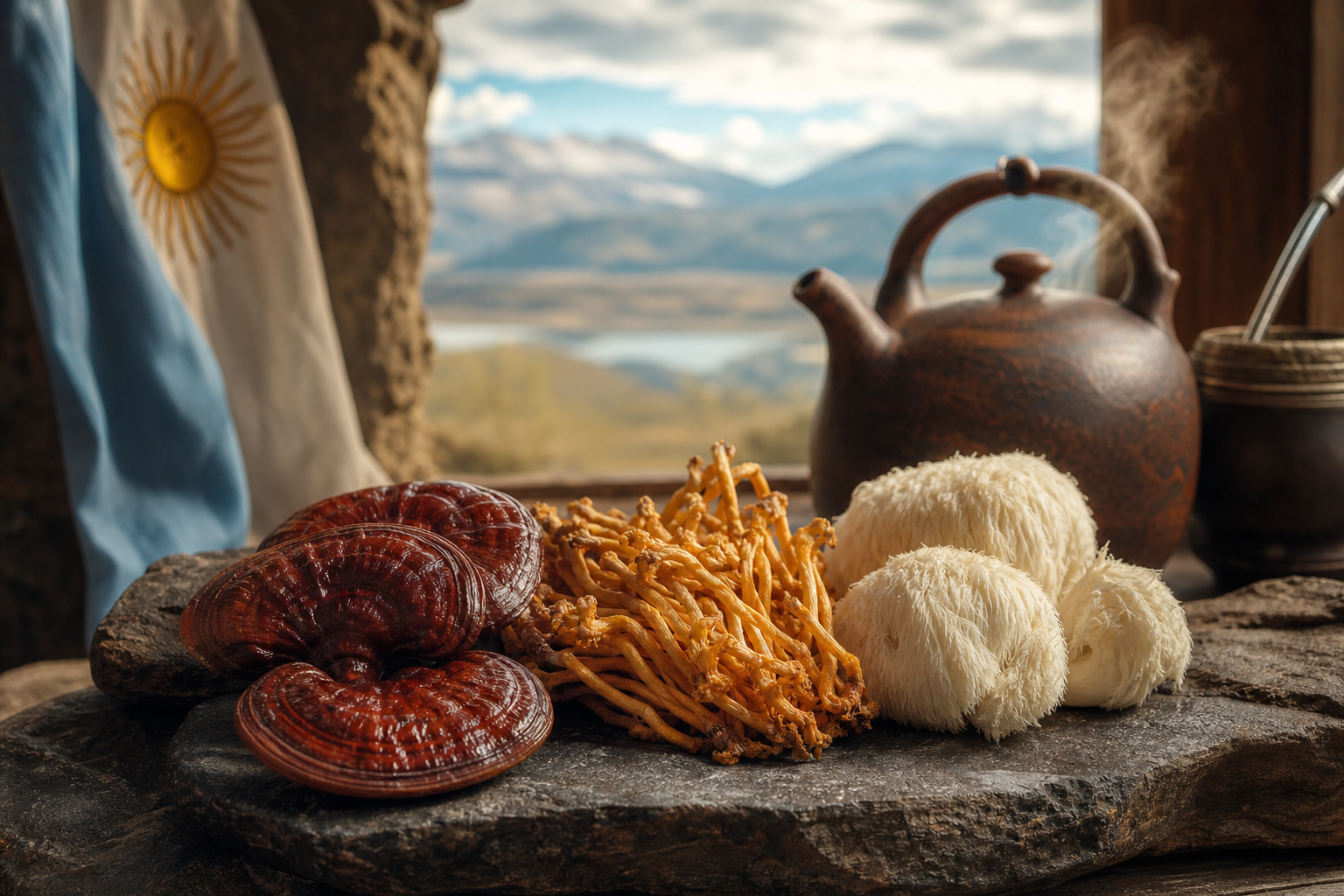 Hongos adaptógenos: reishi, cordyceps y melena de león preparados con té