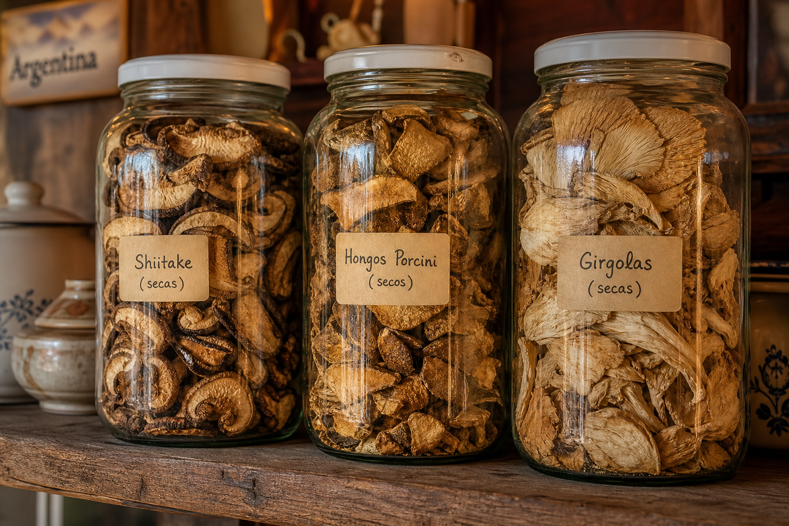 Hongos deshidratados en frascos de vidrio: shiitake, gírgola y porcini