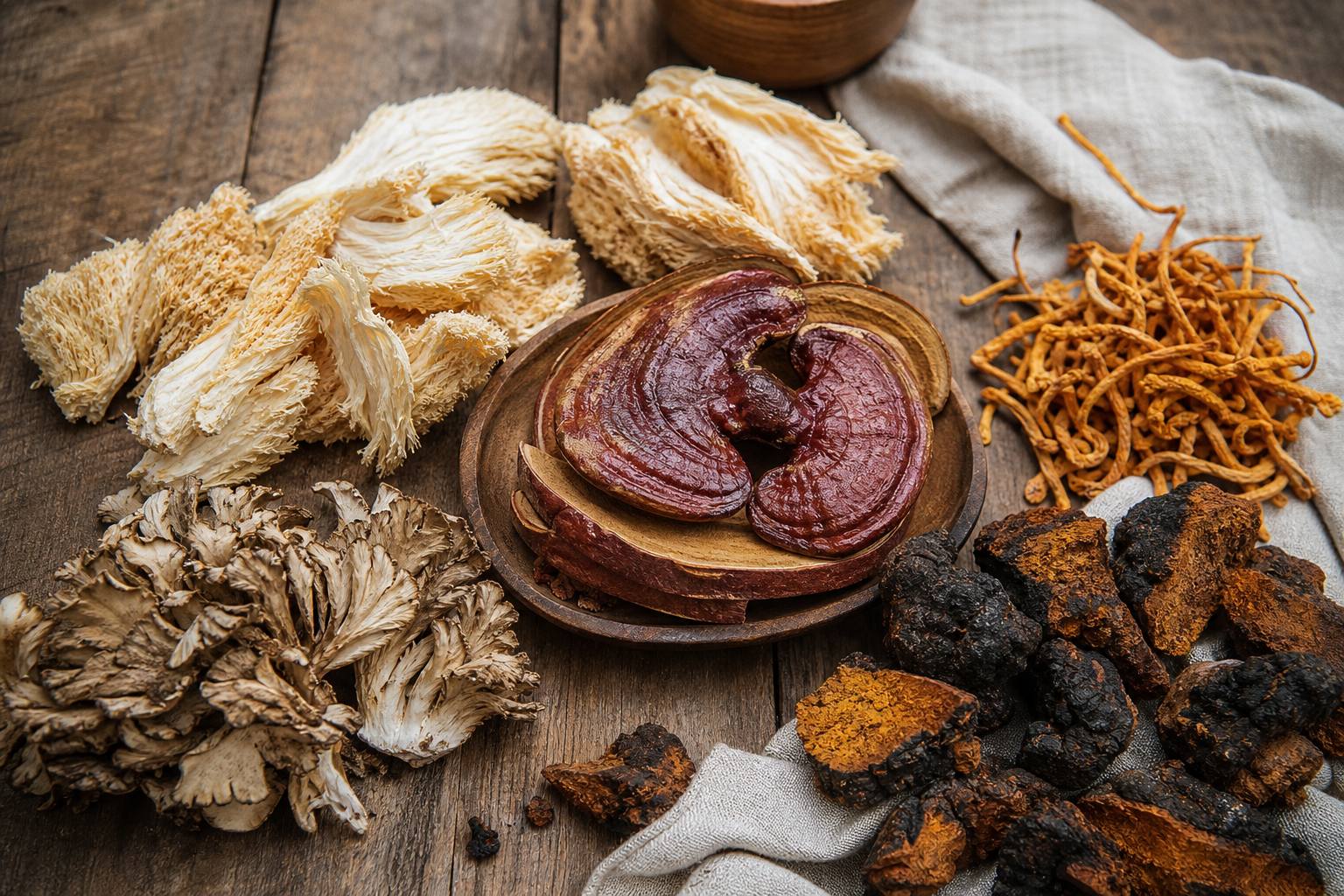 Variedad de hongos medicinales deshidratados: reishi, melena de león, cordyceps, maitake y chaga