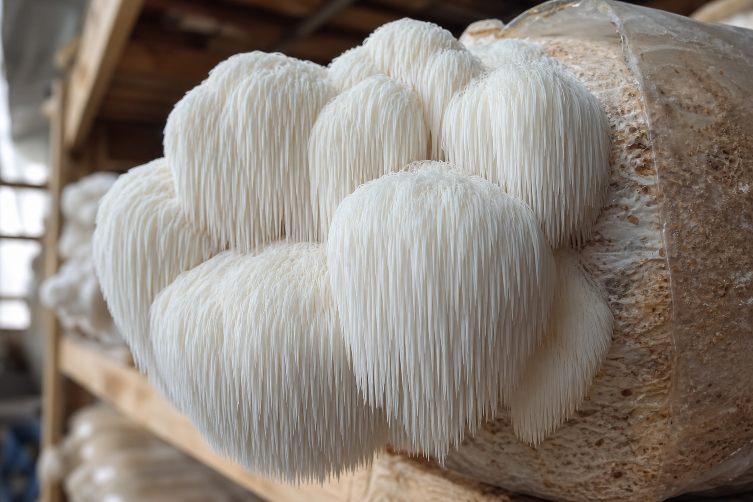 Melena de león (Hericium erinaceus) con sus características espinas blancas en cascada