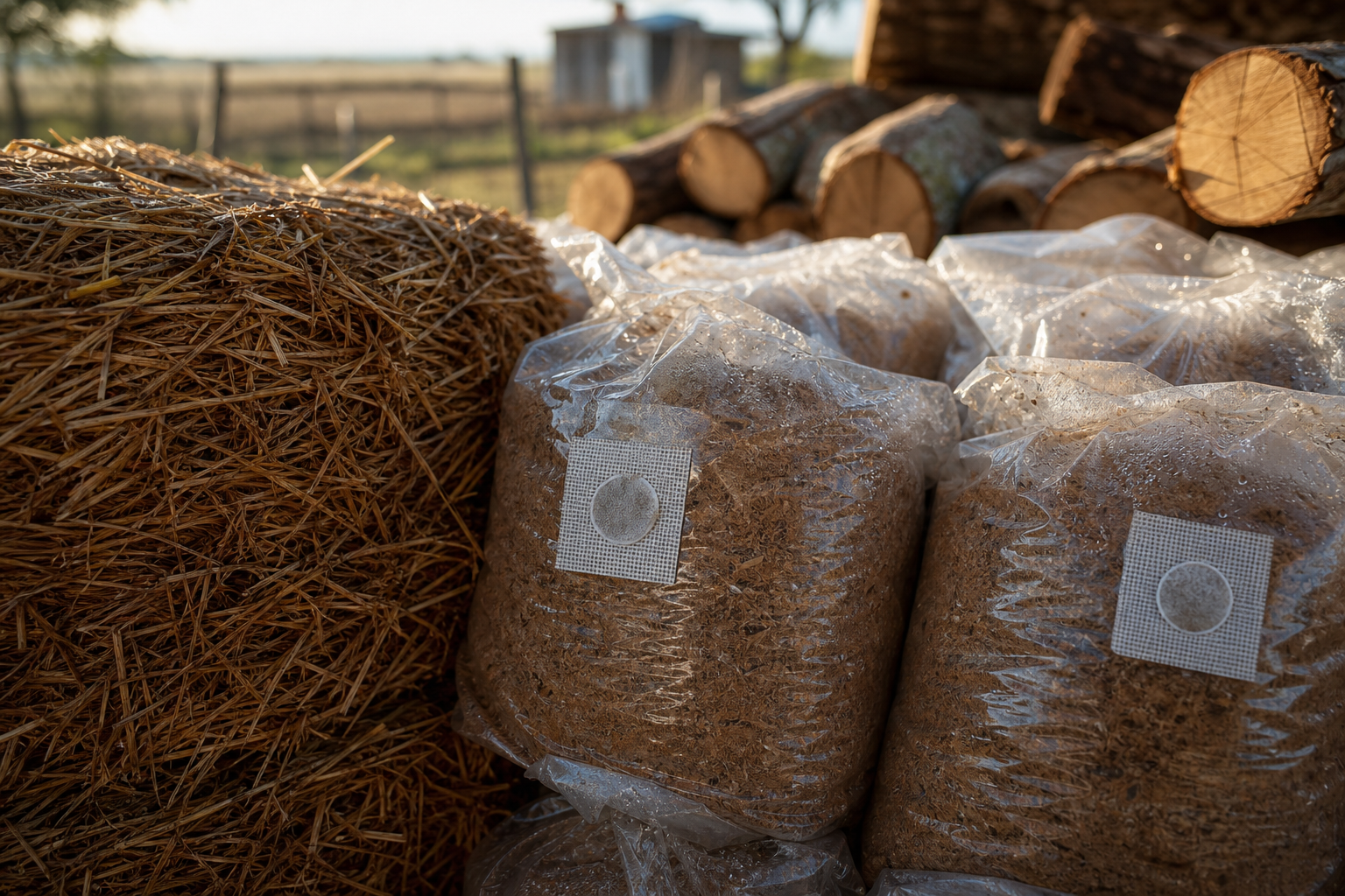 Sustratos para cultivo de hongos: paja de trigo, bloques de aserrín y troncos de álamo
