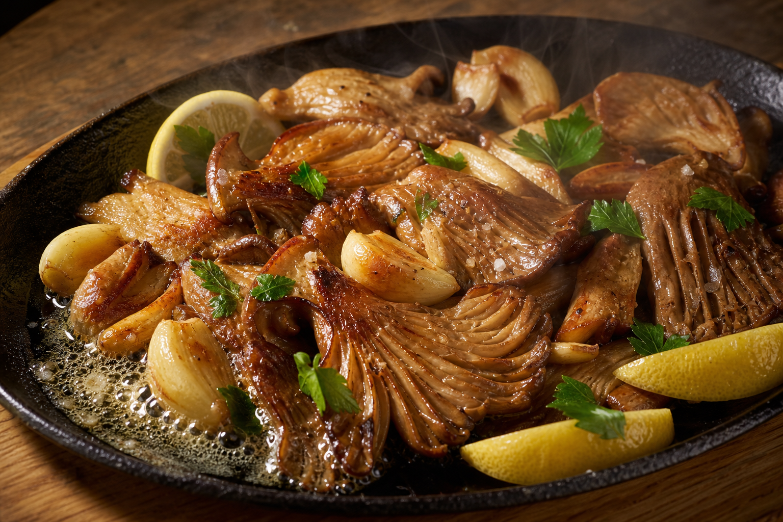 Gírgolas doradas a la plancha en sartén de hierro con ajo, perejil y limón