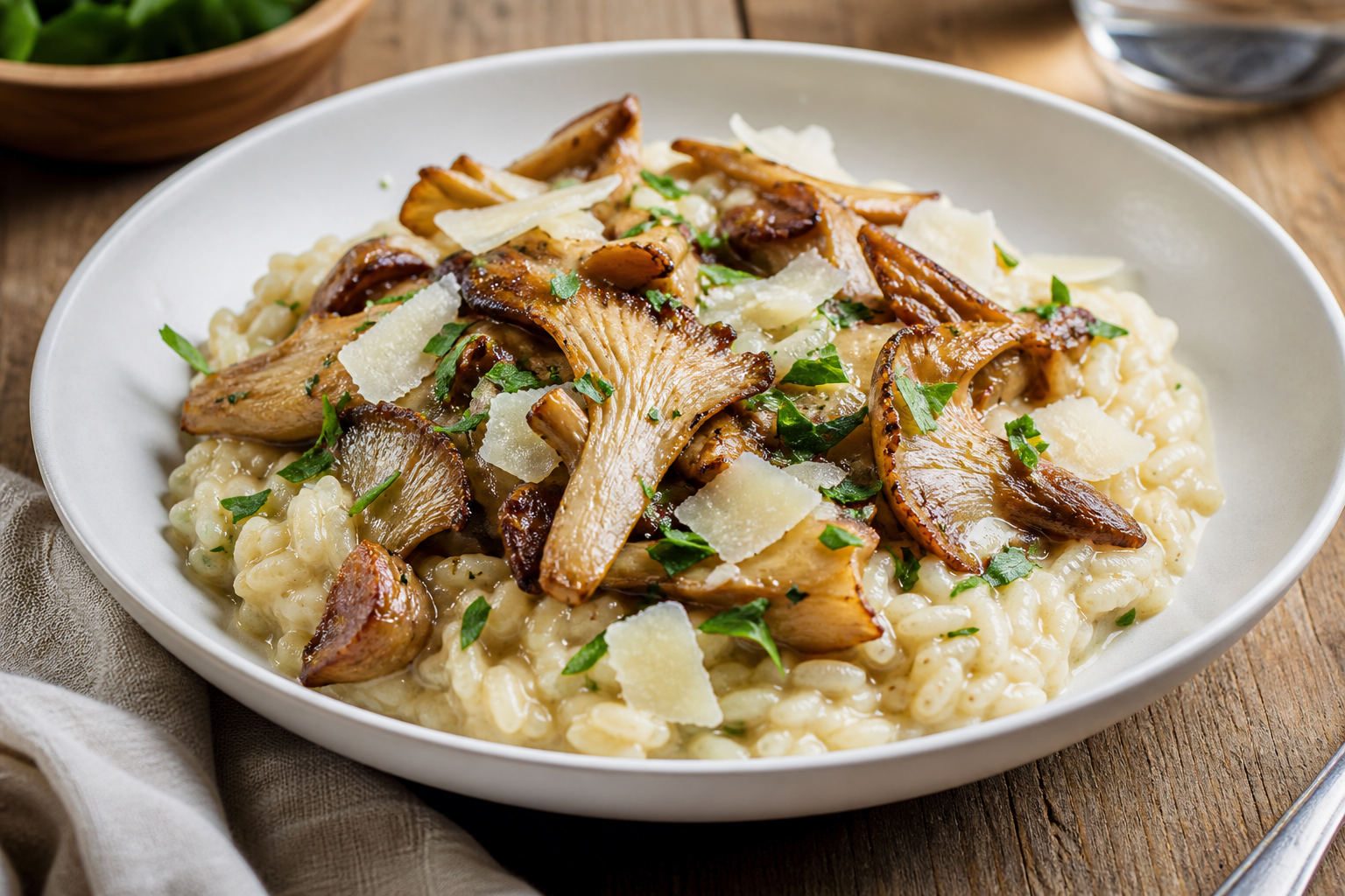 Risotto cremoso de gírgolas con parmesano y perejil fresco en plato hondo blanco